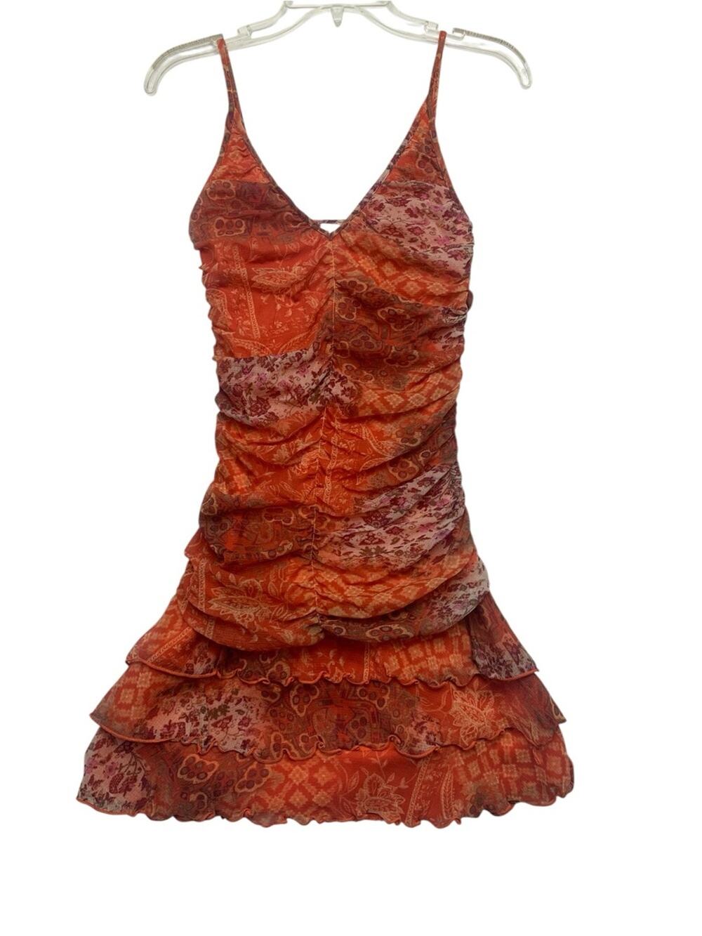 Roberta small 90s y2k Orange Ruffle ruched V-Neck Slip Dress brat party mini